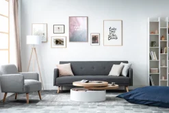 Canapé convertible scandinave 3 places en tissu gris foncé et bois clair ULLA