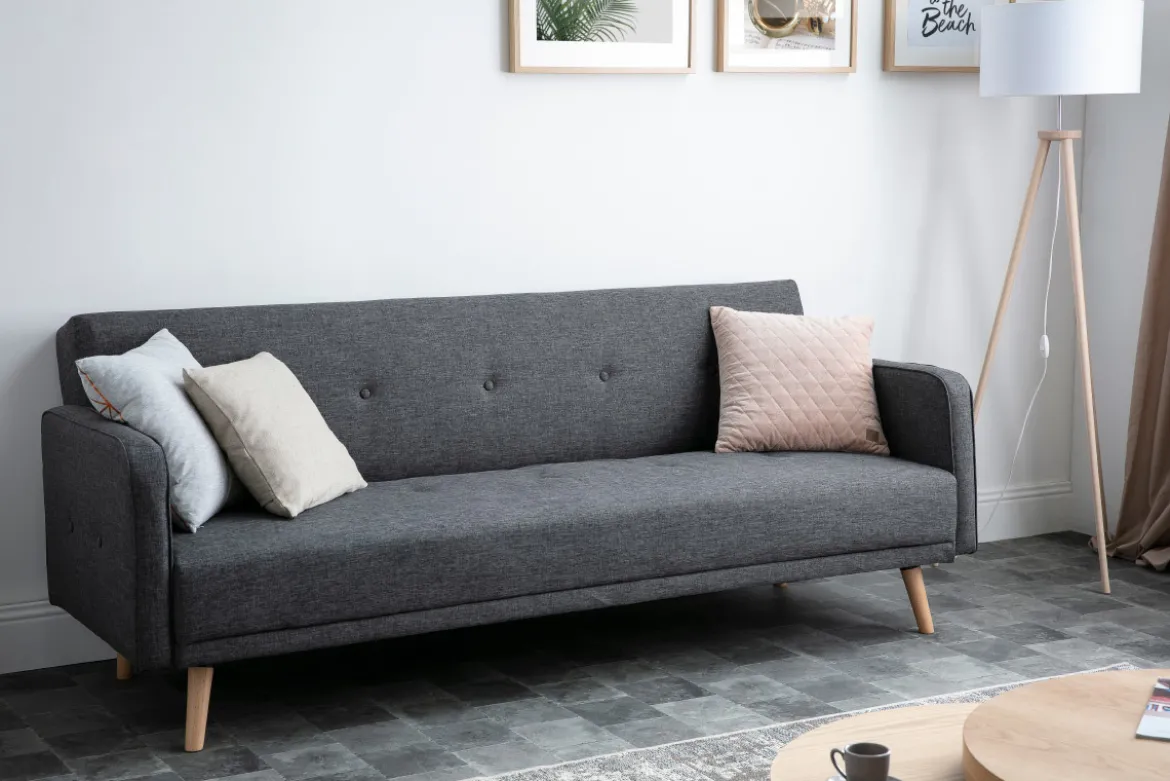 Canapé convertible scandinave 3 places en tissu gris foncé et bois clair ULLA