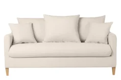 Canapé convertible scandinave 3 places en tissu effet velours beige et bois clair LOUISE