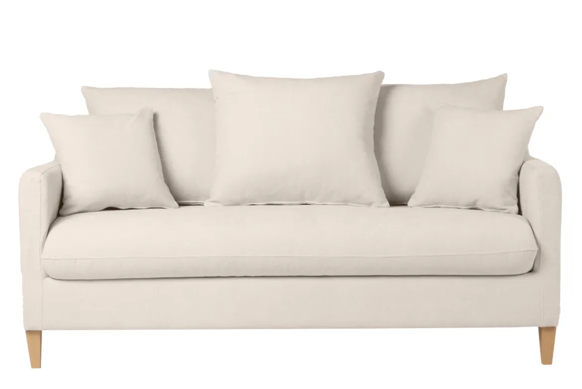 Canapé convertible scandinave 3 places en tissu effet velours beige et bois clair LOUISE