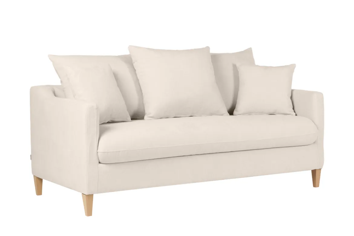 Canapé convertible scandinave 3 places en tissu effet velours beige et bois clair LOUISE