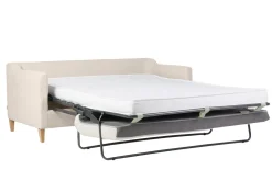 Canapé convertible scandinave 3 places en tissu effet velours beige et bois clair LOUISE