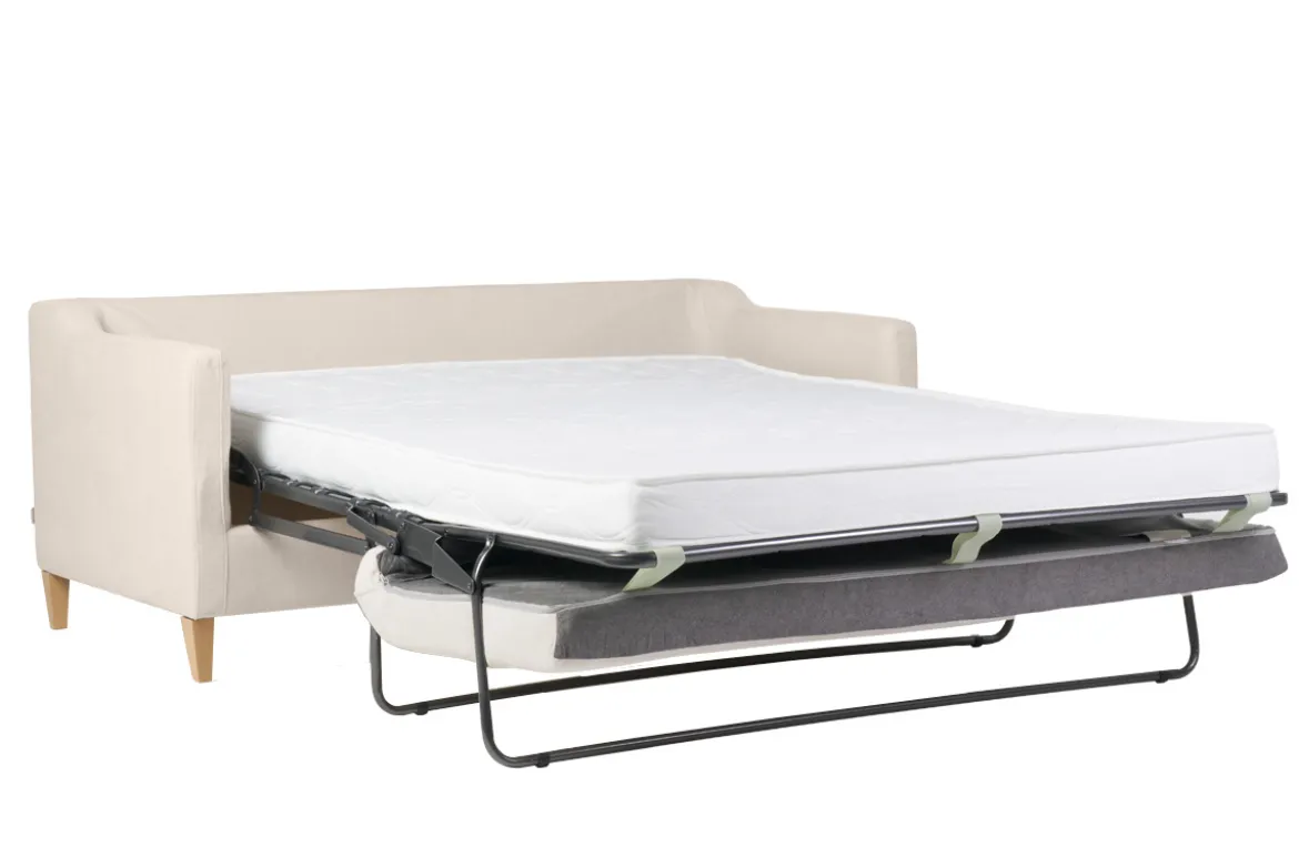 Canapé convertible scandinave 3 places en tissu effet velours beige et bois clair LOUISE