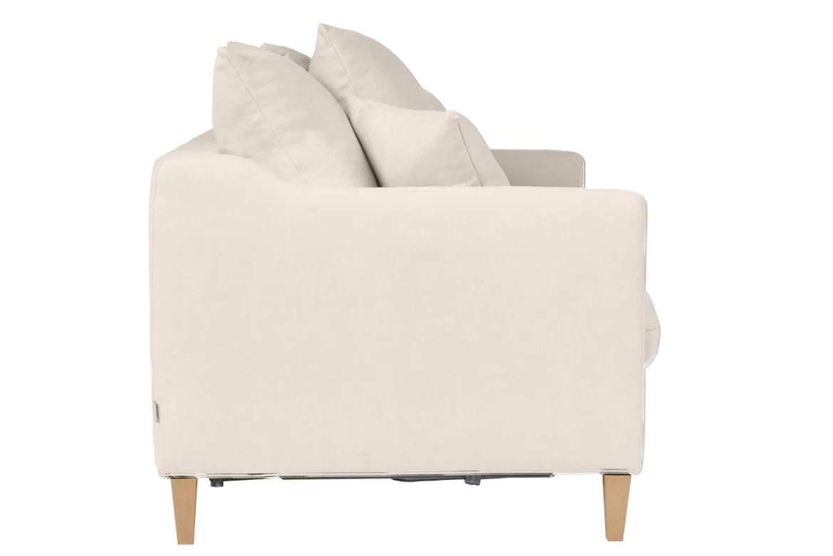 Canapé convertible scandinave 3 places en tissu effet velours beige et bois clair LOUISE