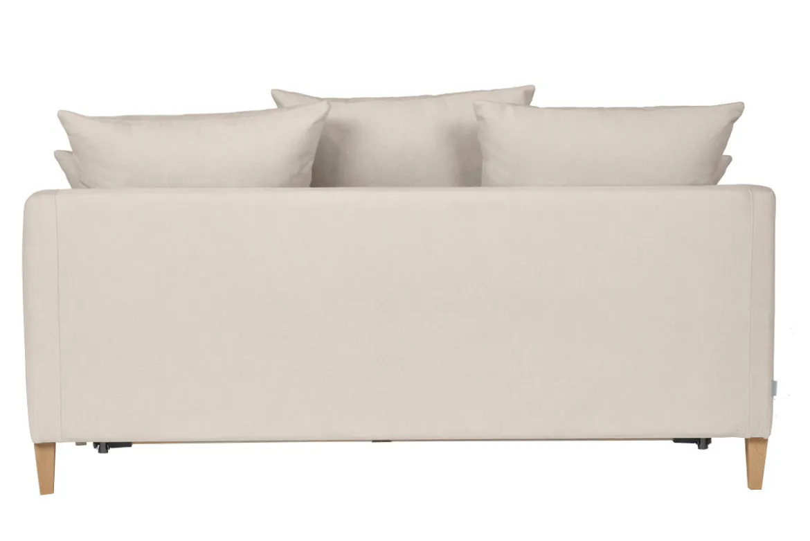 Canapé convertible scandinave 3 places en tissu effet velours beige et bois clair LOUISE