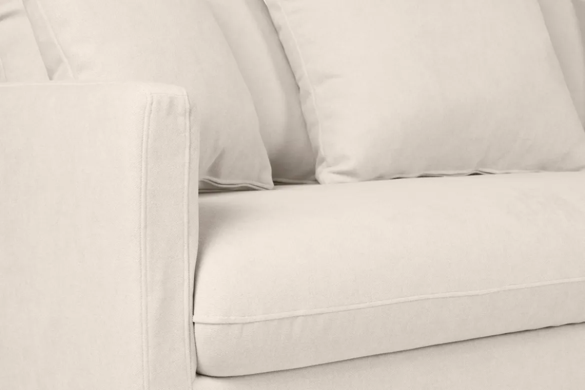Canapé convertible scandinave 3 places en tissu effet velours beige et bois clair LOUISE
