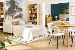 Canapé convertible scandinave 3 places en tissu effet velours beige et bois clair LOUISE
