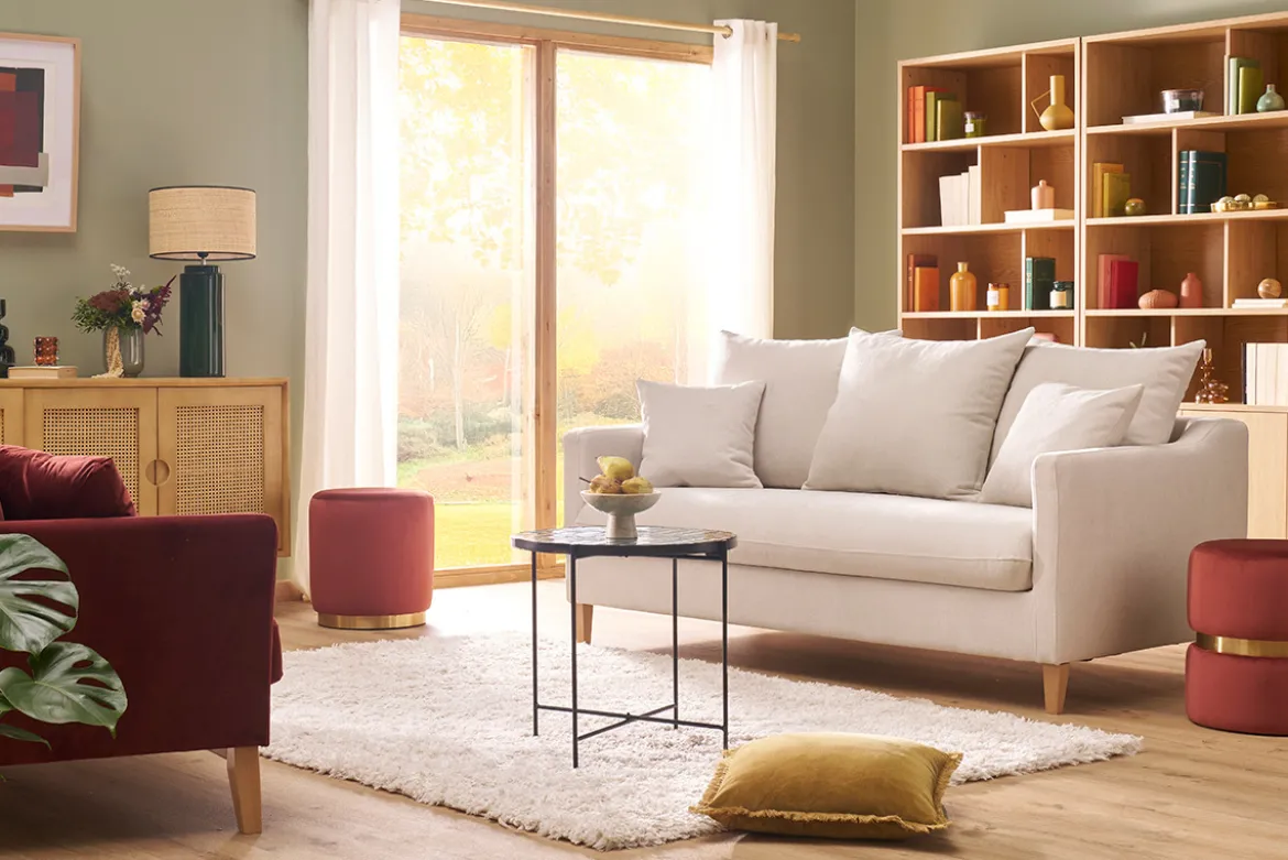 Canapé convertible scandinave 3 places en tissu effet velours beige et bois clair LOUISE