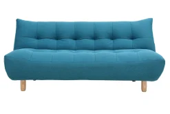 Canapé convertible scandinave 3 places en tissu bleu canard et bois clair YUMI