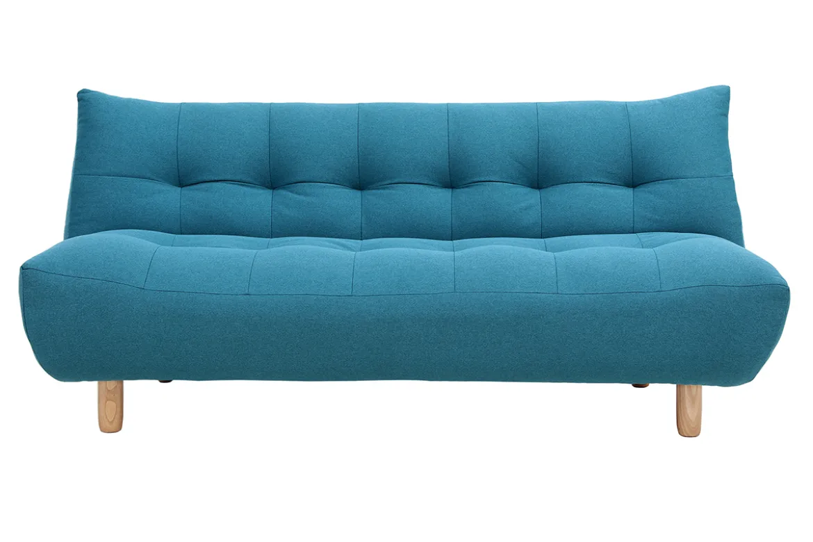 Canapé convertible scandinave 3 places en tissu bleu canard et bois clair YUMI