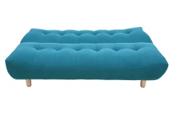Canapé convertible scandinave 3 places en tissu bleu canard et bois clair YUMI