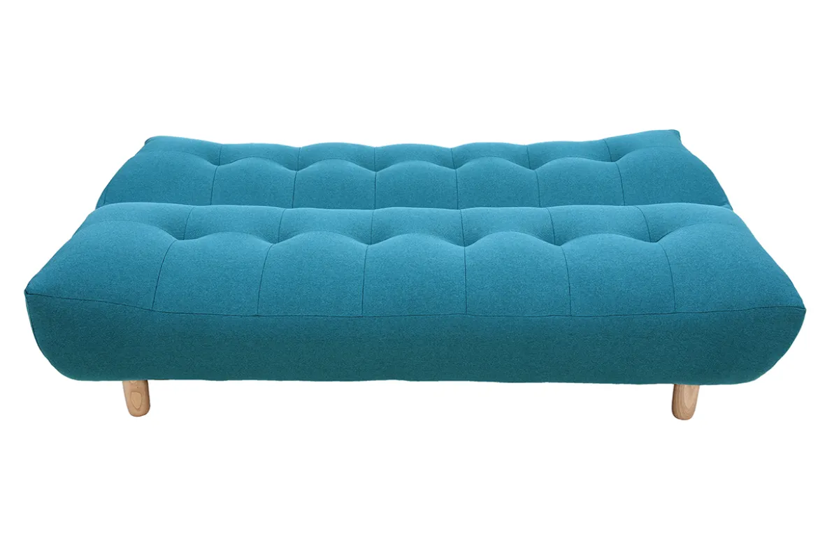 Canapé convertible scandinave 3 places en tissu bleu canard et bois clair YUMI