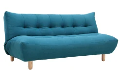 Canapé convertible scandinave 3 places en tissu bleu canard et bois clair YUMI