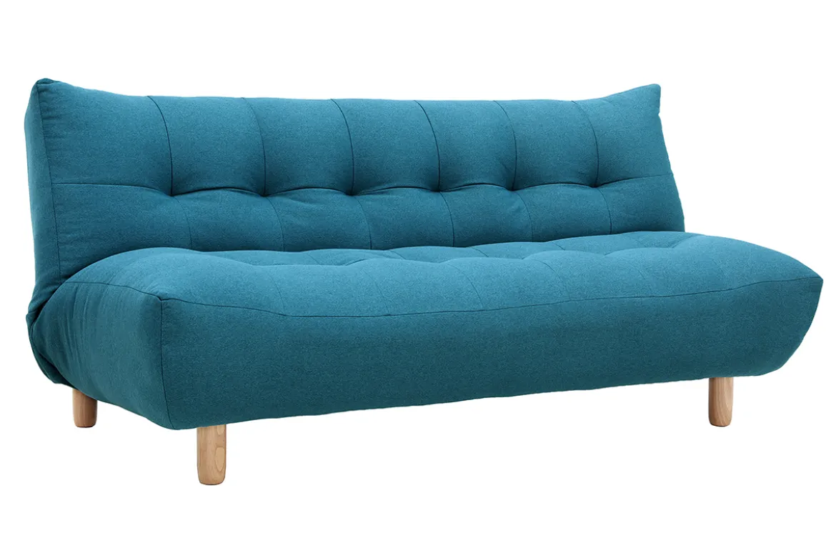 Canapé convertible scandinave 3 places en tissu bleu canard et bois clair YUMI