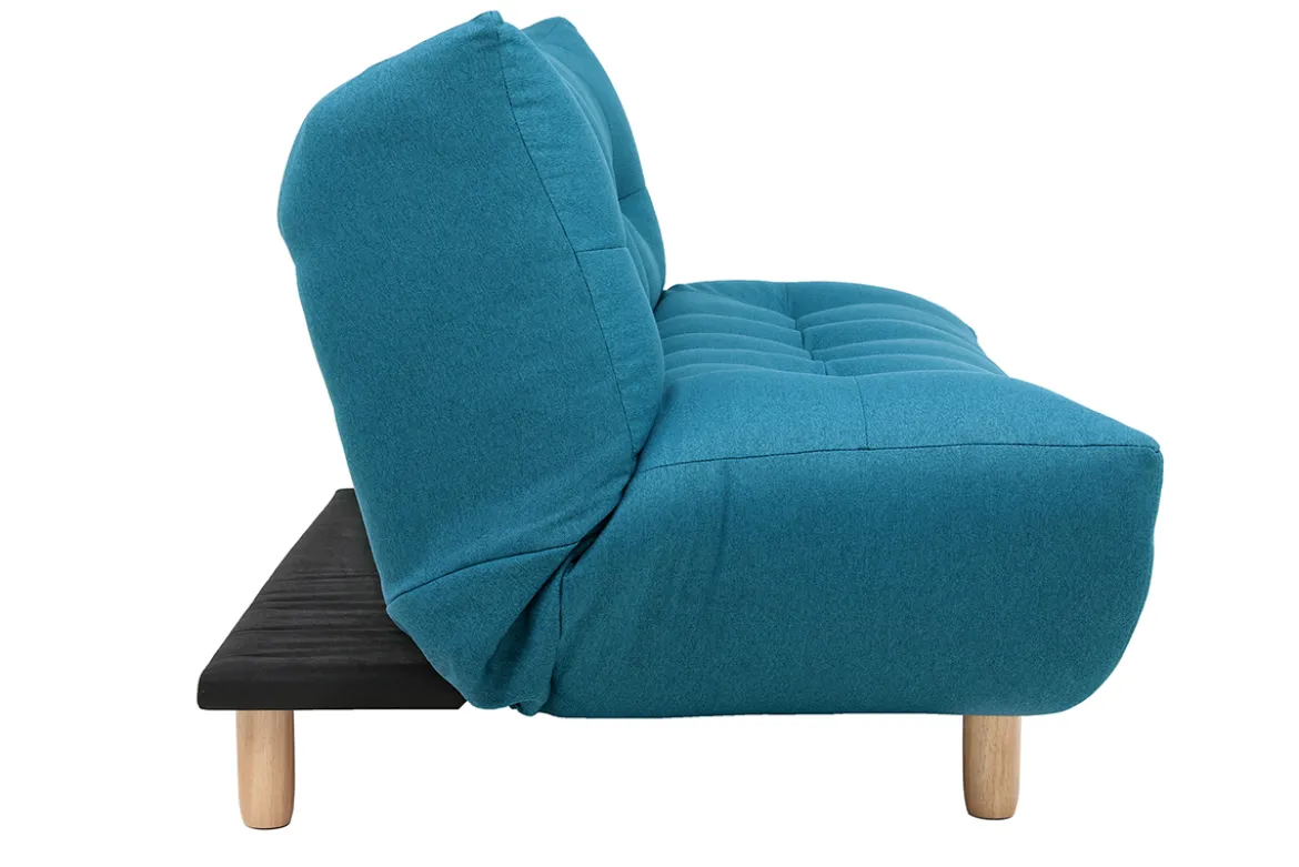 Canapé convertible scandinave 3 places en tissu bleu canard et bois clair YUMI