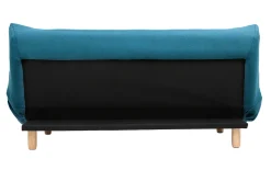 Canapé convertible scandinave 3 places en tissu bleu canard et bois clair YUMI