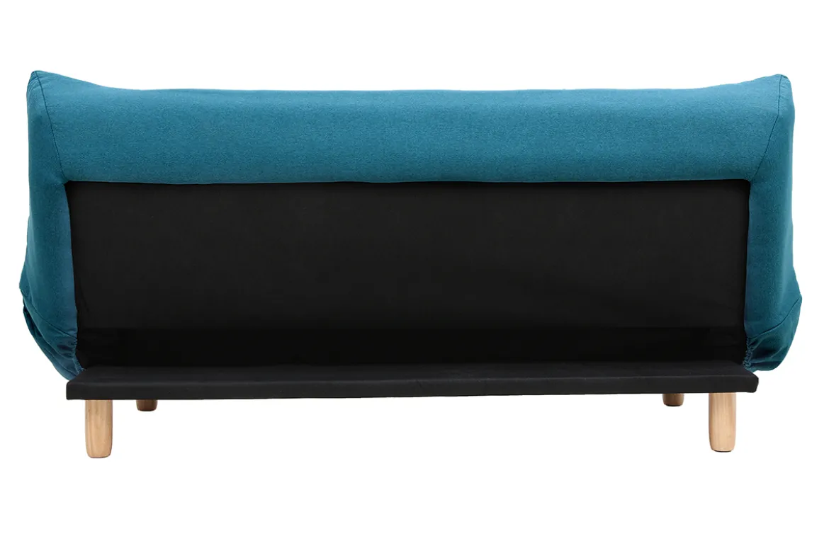 Canapé convertible scandinave 3 places en tissu bleu canard et bois clair YUMI