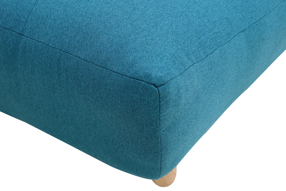 Canapé convertible scandinave 3 places en tissu bleu canard et bois clair YUMI