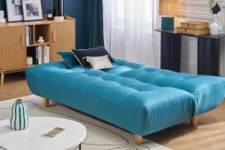 Canapé convertible scandinave 3 places en tissu bleu canard et bois clair YUMI