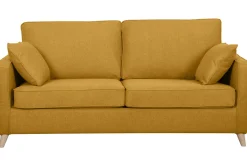 Canapé convertible scandinave 3 places en tissu jaune cumin et bois clair avec matelas 10 cm PAPEL