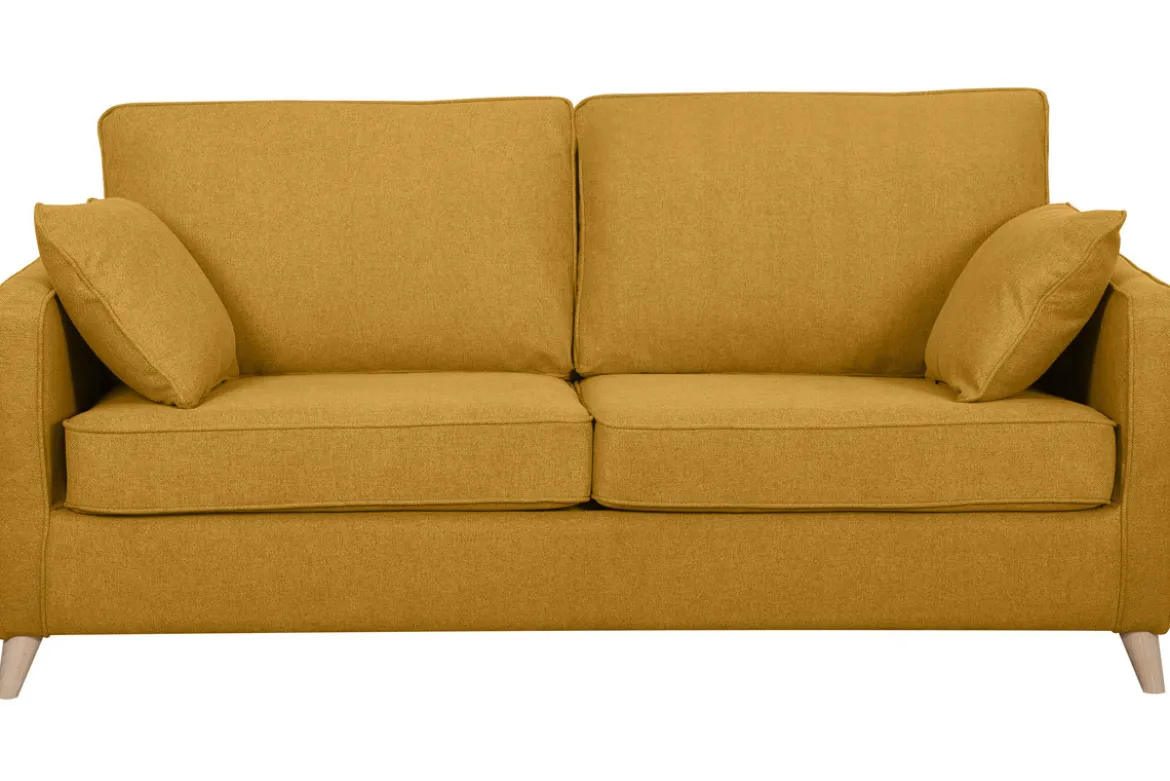 Canapé convertible scandinave 3 places en tissu jaune cumin et bois clair avec matelas 10 cm PAPEL