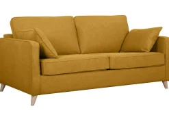 Canapé convertible scandinave 3 places en tissu jaune cumin et bois clair avec matelas 10 cm PAPEL