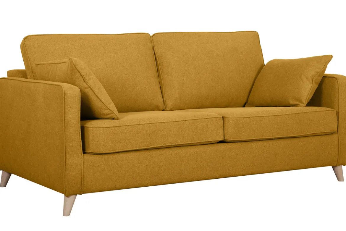 Canapé convertible scandinave 3 places en tissu jaune cumin et bois clair avec matelas 10 cm PAPEL