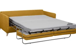 Canapé convertible scandinave 3 places en tissu jaune cumin et bois clair avec matelas 10 cm PAPEL