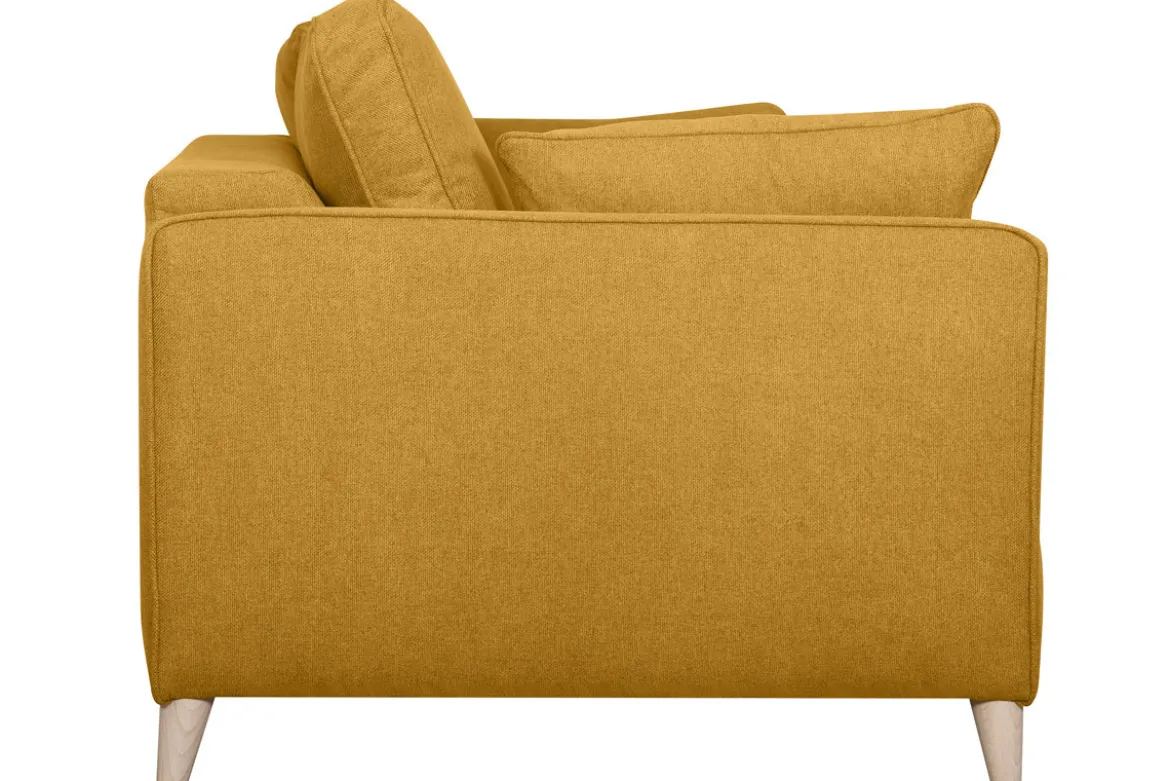 Canapé convertible scandinave 3 places en tissu jaune cumin et bois clair avec matelas 10 cm PAPEL