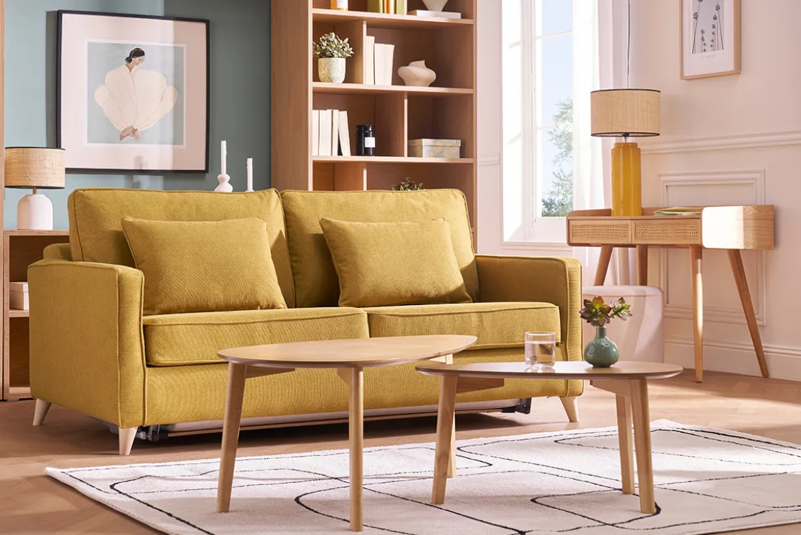 Canapé convertible scandinave 3 places en tissu jaune cumin et bois clair avec matelas 10 cm PAPEL