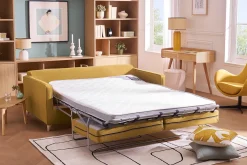 Canapé convertible scandinave 3 places en tissu jaune cumin et bois clair avec matelas 10 cm PAPEL