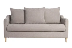 Canapé convertible scandinave 3 places en tissu effet velours taupe et bois clair LOUISE