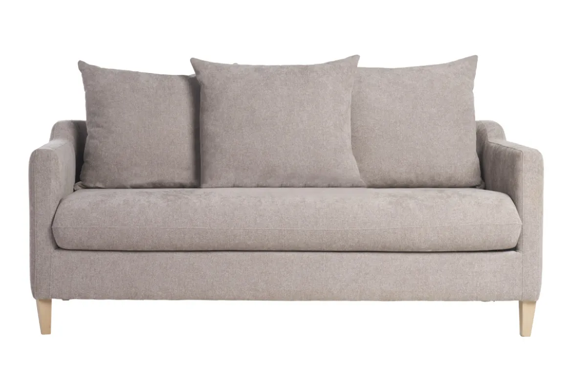 Canapé convertible scandinave 3 places en tissu effet velours taupe et bois clair LOUISE