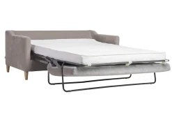 Canapé convertible scandinave 3 places en tissu effet velours taupe et bois clair LOUISE