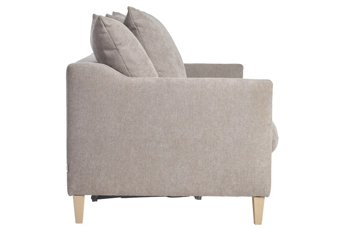 Canapé convertible scandinave 3 places en tissu effet velours taupe et bois clair LOUISE