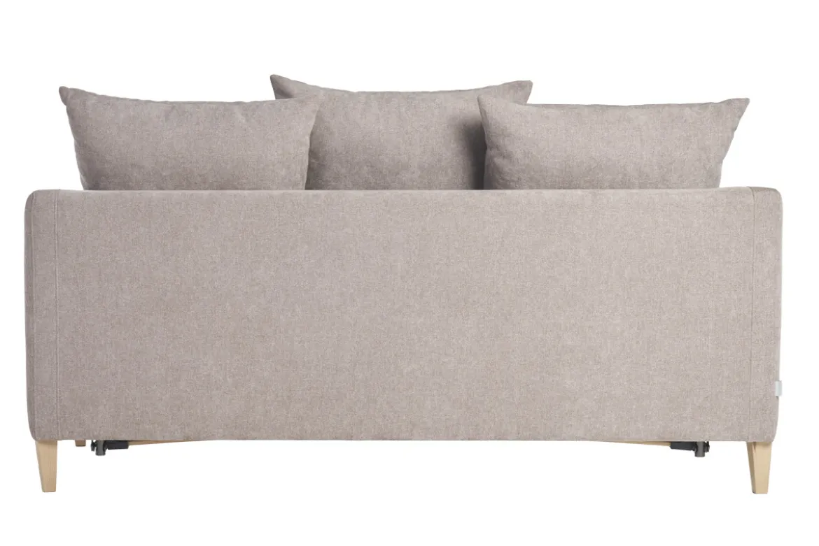 Canapé convertible scandinave 3 places en tissu effet velours taupe et bois clair LOUISE
