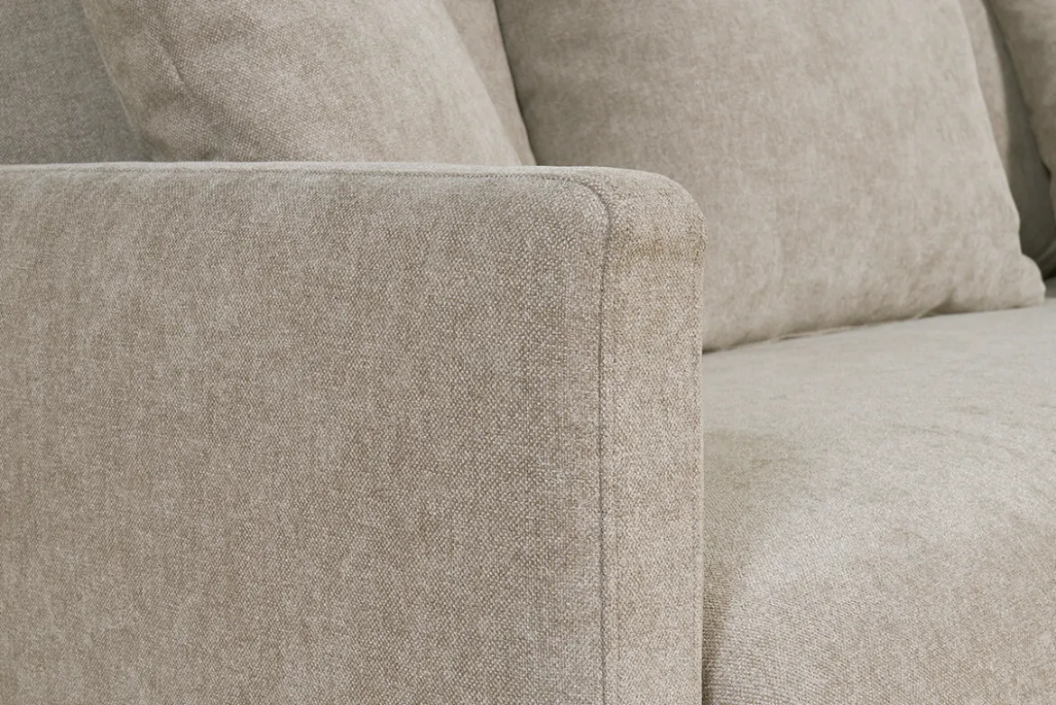 Canapé convertible scandinave 3 places en tissu effet velours taupe et bois clair LOUISE