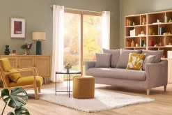 Canapé convertible scandinave 3 places en tissu effet velours taupe et bois clair LOUISE