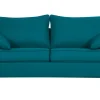 Canapé convertible scandinave 3 places en tissu bleu canard et bois clair avec matelas 10 cm PAPEL