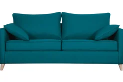 Canapé convertible scandinave 3 places en tissu bleu canard et bois clair avec matelas 10 cm PAPEL