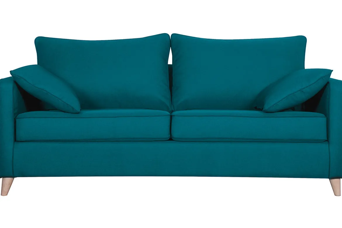 Canapé convertible scandinave 3 places en tissu bleu canard et bois clair avec matelas 10 cm PAPEL