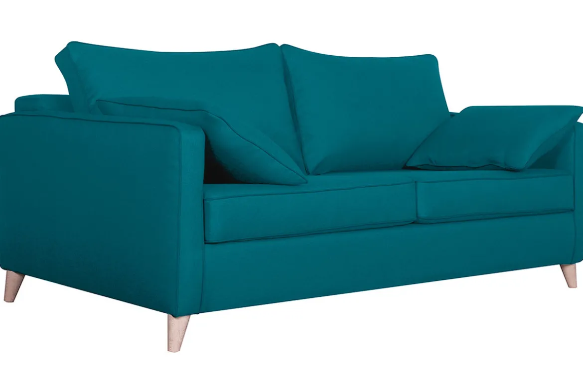 Canapé convertible scandinave 3 places en tissu bleu canard et bois clair avec matelas 10 cm PAPEL