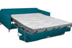 Canapé convertible scandinave 3 places en tissu bleu canard et bois clair avec matelas 10 cm PAPEL