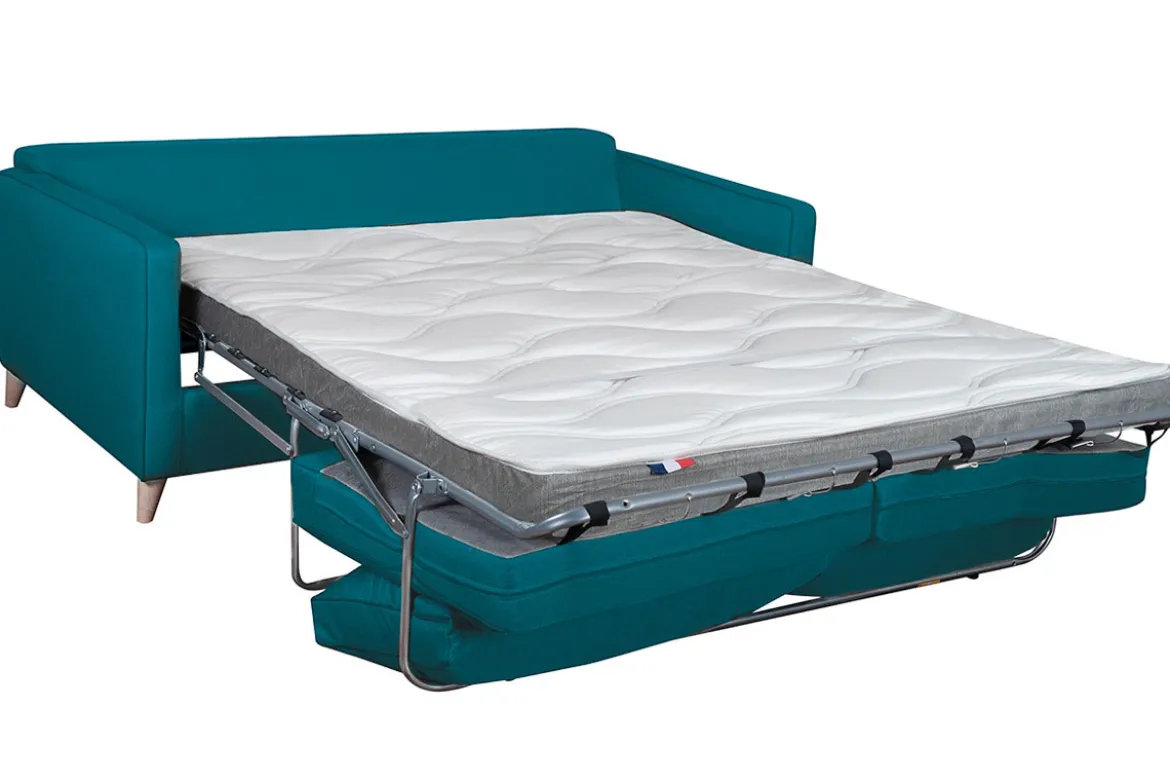 Canapé convertible scandinave 3 places en tissu bleu canard et bois clair avec matelas 10 cm PAPEL