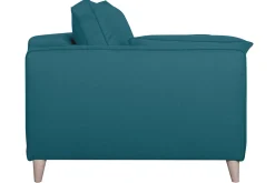 Canapé convertible scandinave 3 places en tissu bleu canard et bois clair avec matelas 10 cm PAPEL
