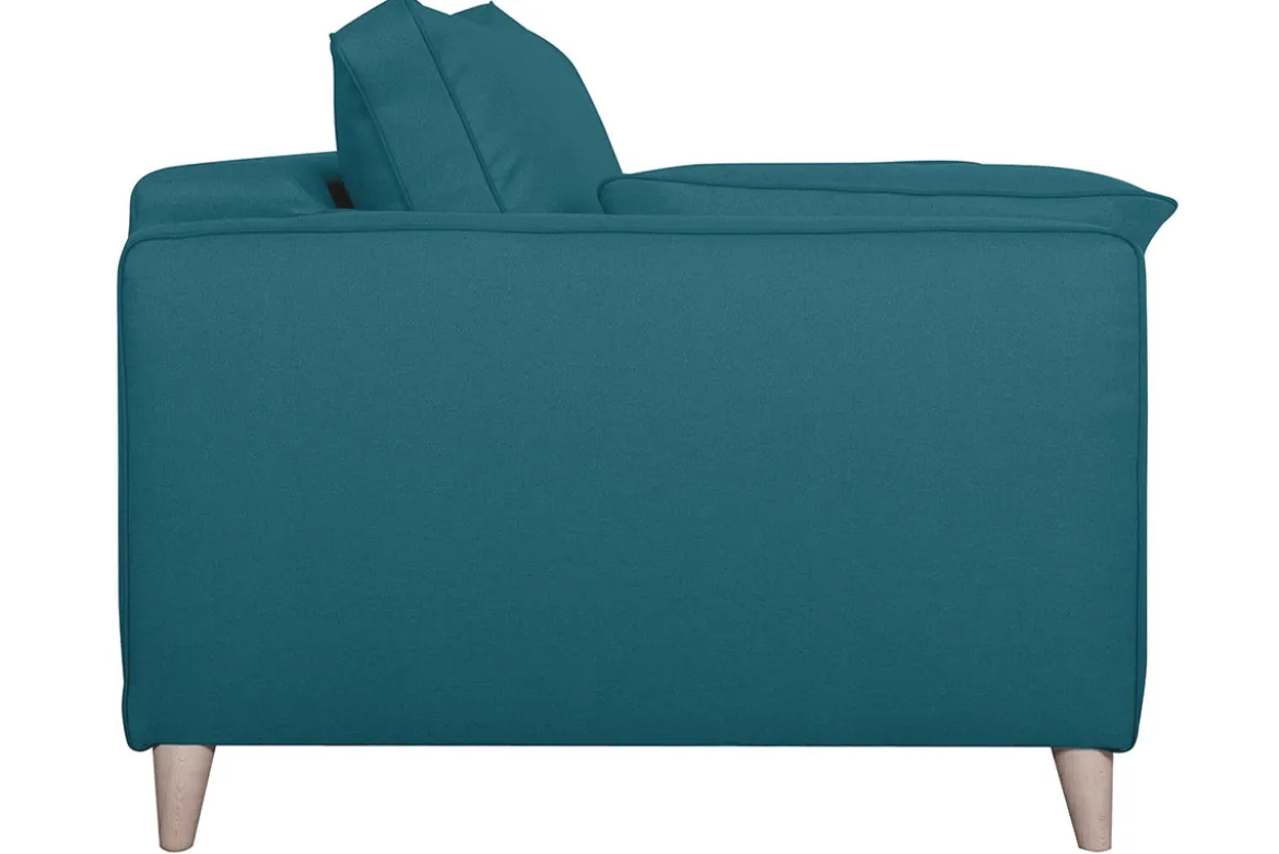 Canapé convertible scandinave 3 places en tissu bleu canard et bois clair avec matelas 10 cm PAPEL