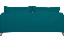 Canapé convertible scandinave 3 places en tissu bleu canard et bois clair avec matelas 10 cm PAPEL