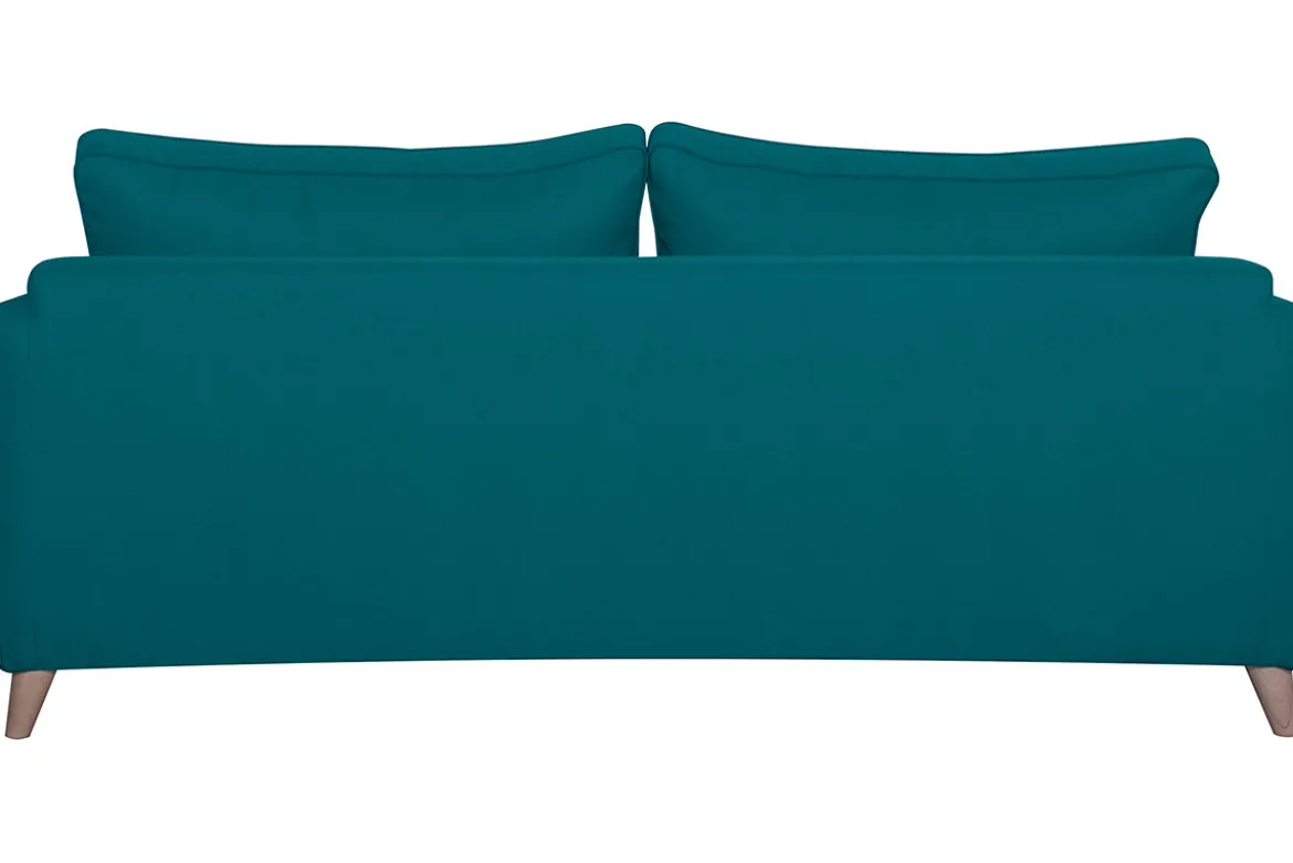 Canapé convertible scandinave 3 places en tissu bleu canard et bois clair avec matelas 10 cm PAPEL