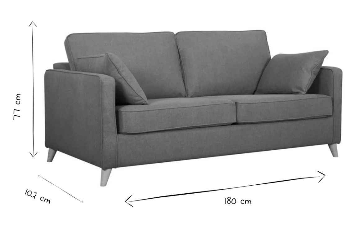 Canapé convertible scandinave 3 places en tissu bleu canard et bois clair avec matelas 10 cm PAPEL