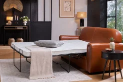Canapé convertible vintage 3 places cuir marron et bois noir avec matelas 9 cm CLUB